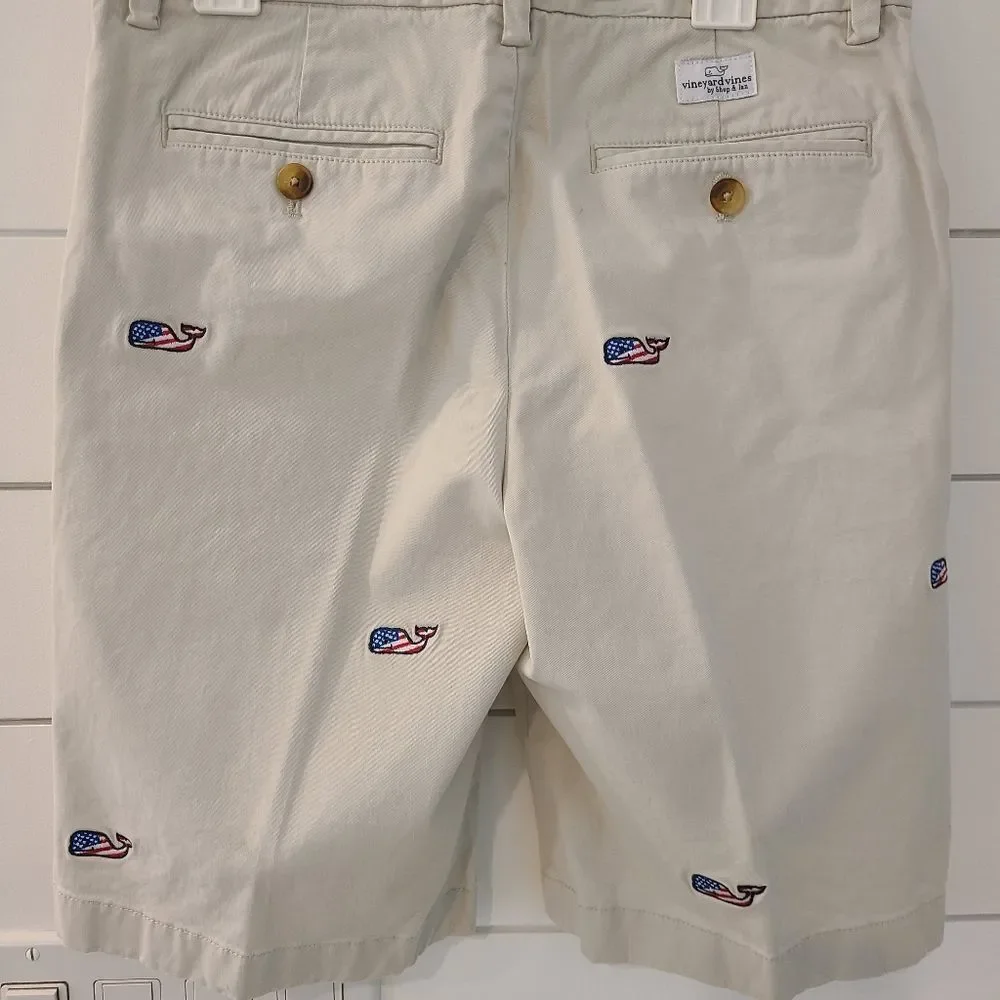 Vineyard Vines Khaki Flat Front Shorts with Whale Embroidery